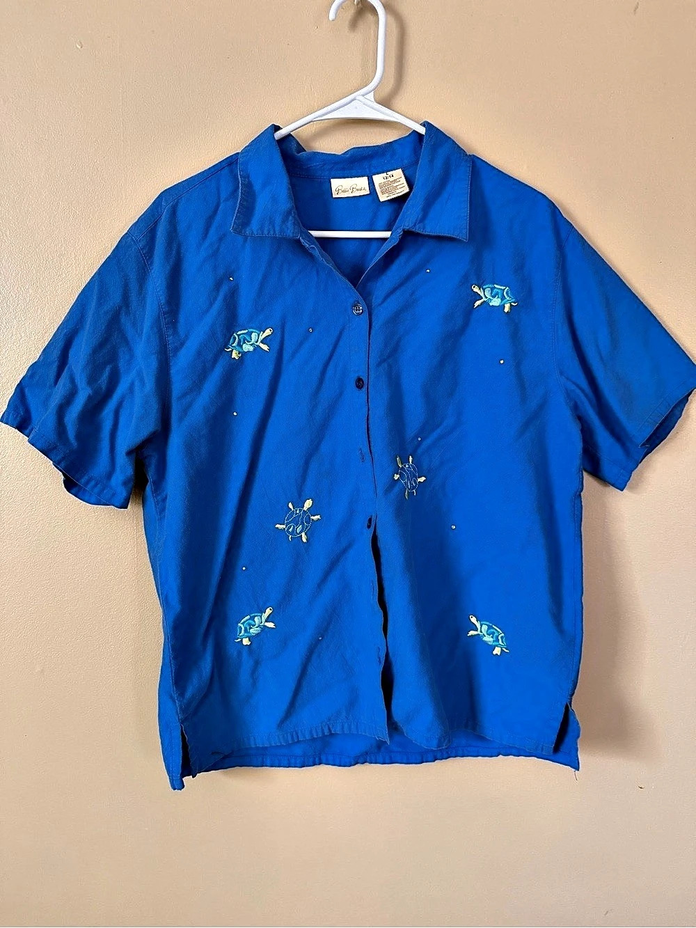 Bobbie Brooks Sea Turtle Embroidered Blue Button Up Shirt L